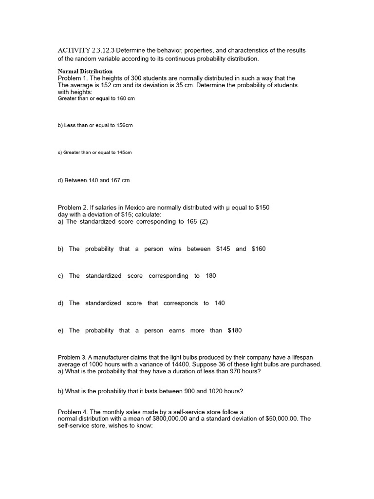 ACTIVITY 2.3.1: Normal Distribution | PDF | Probability Distribution ...