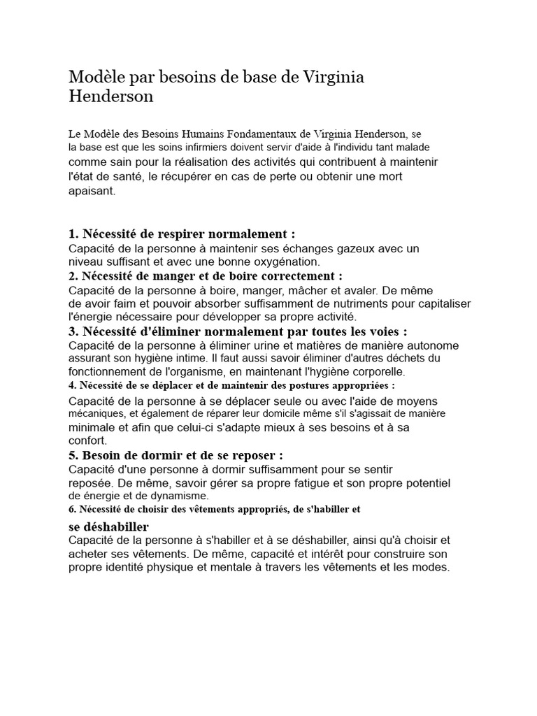 Modèle des besoins de Virginia Henderson | PDF | Allaitement | Estime ...