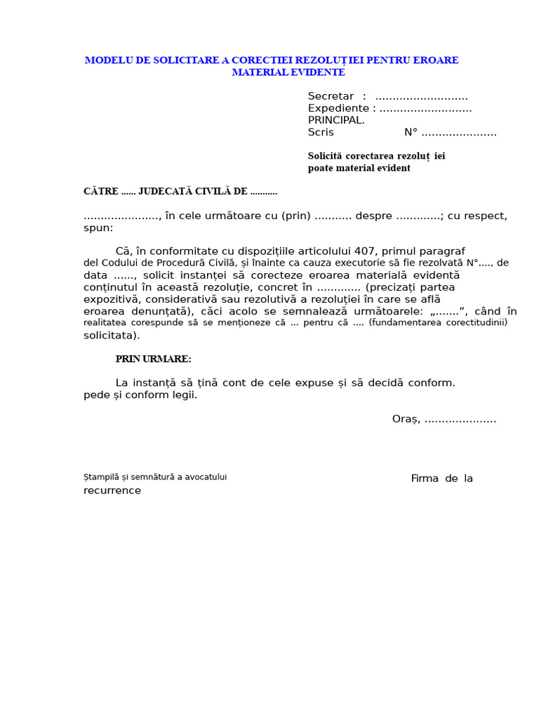 Model de Cerere de Corectare A Hotărârii Din Cauza Unei Erori Materiale ...