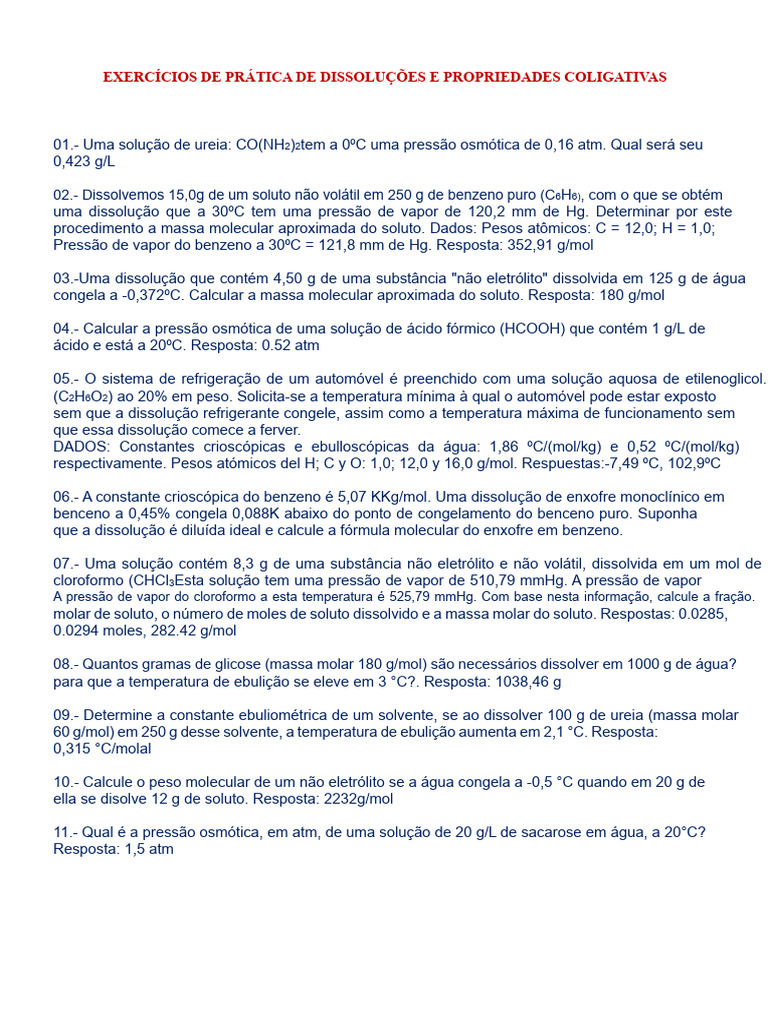 Exercícios sobre Dissoluções e Propriedades Coligativas | PDF ...