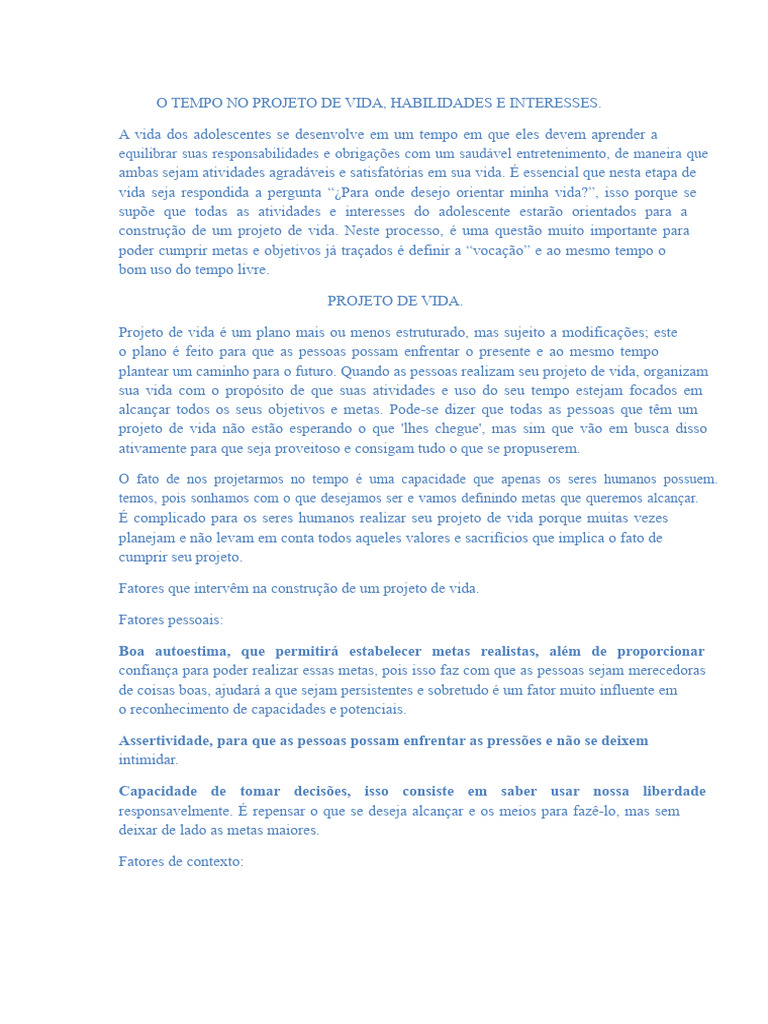 Projeto de Vida: Tempo, Habilidades e Interesses | PDF | Vida | Tempo