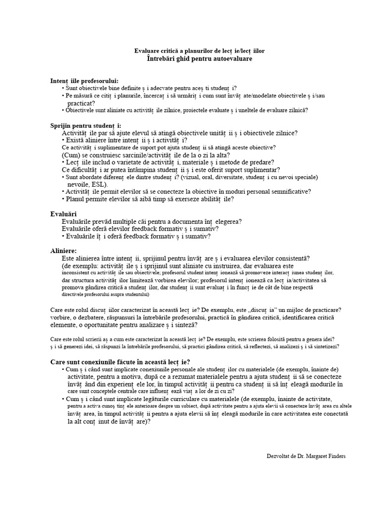Autoevaluarea Planului de Lecție | PDF
