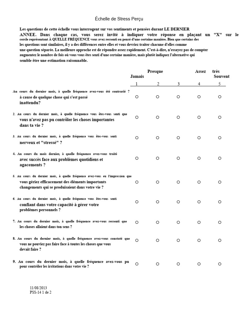 Échelle de Stress Perçu PSS-14 | PDF | la perception | Stress (Biologie)