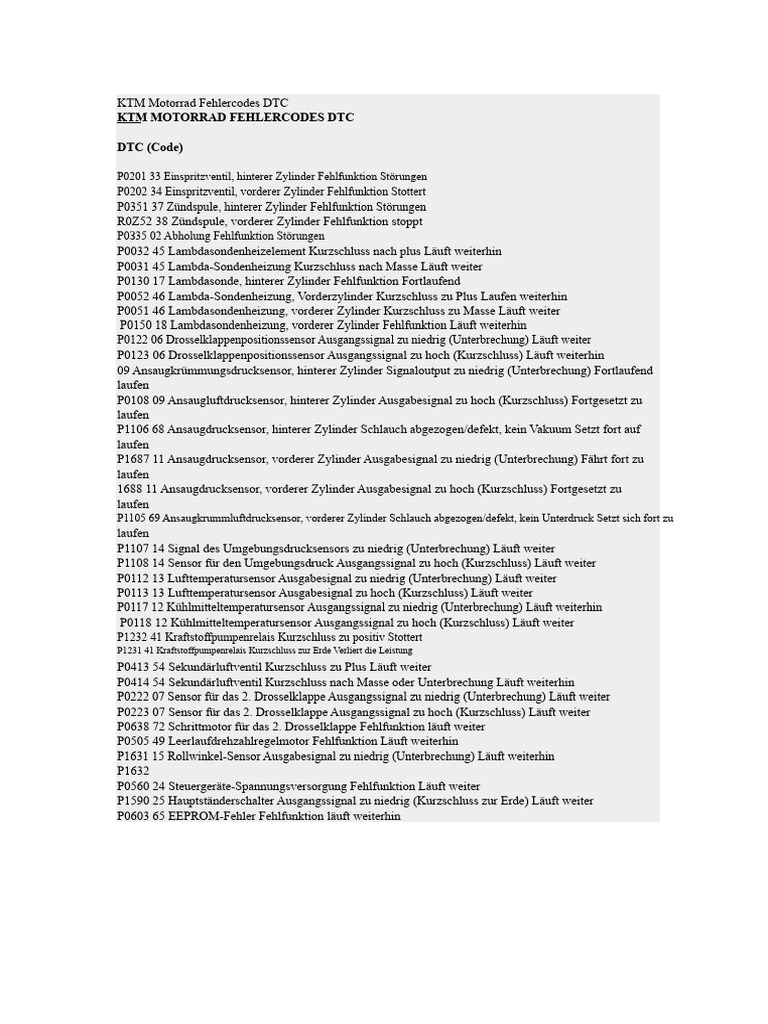 KTM Motorrad Fehlercodes DTC | PDF