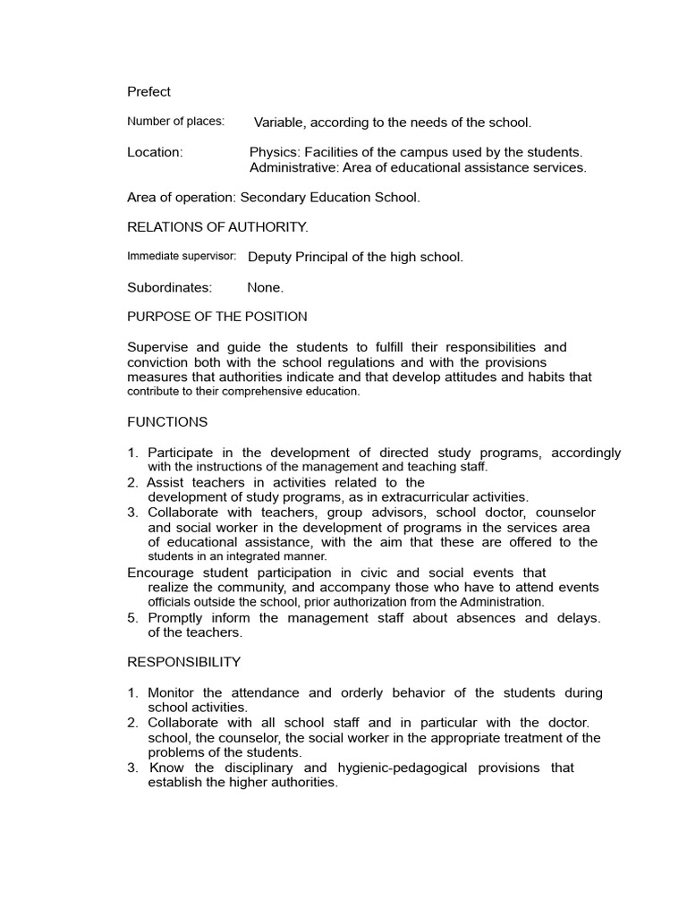 Role and Responsibilities of a School Prefect | PDF | Teachers | Social ...