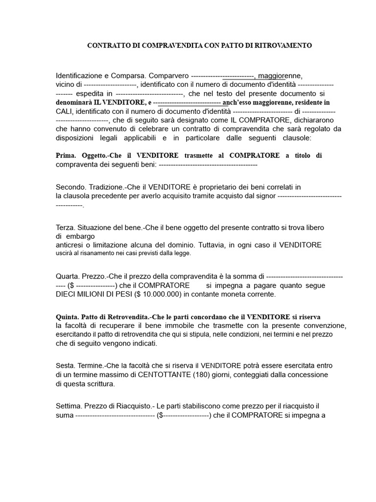 Contratto Di Compravendita Con Patto Di Rivendita | PDF