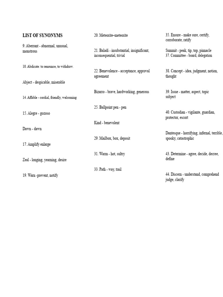 Comprehensive Synonyms List | PDF