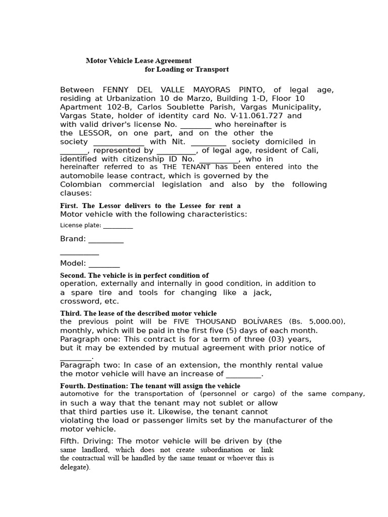 Vehicle Lease Agreement Model 1 | PDF | Lease | Landlord