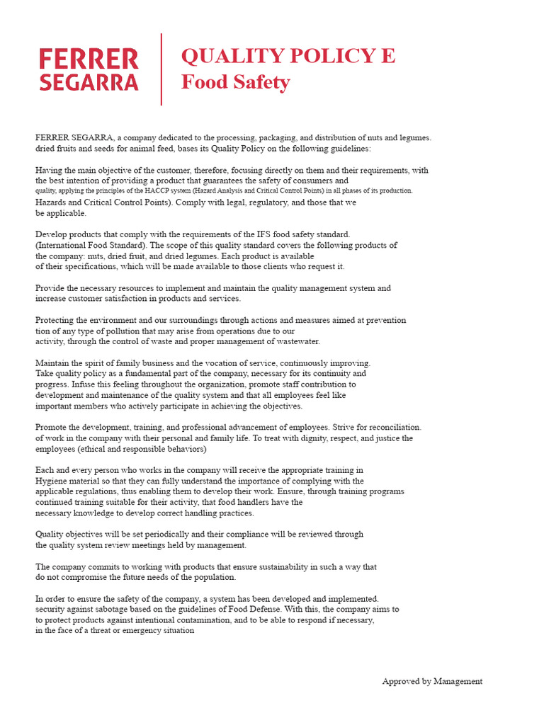Food Safety Quality Policy Overview | PDF | Food Safety | Quality ...