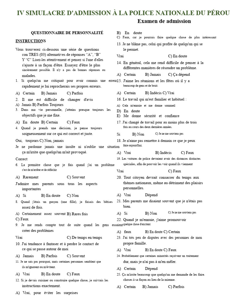 Questionnaire de personnalité pour admission police | PDF