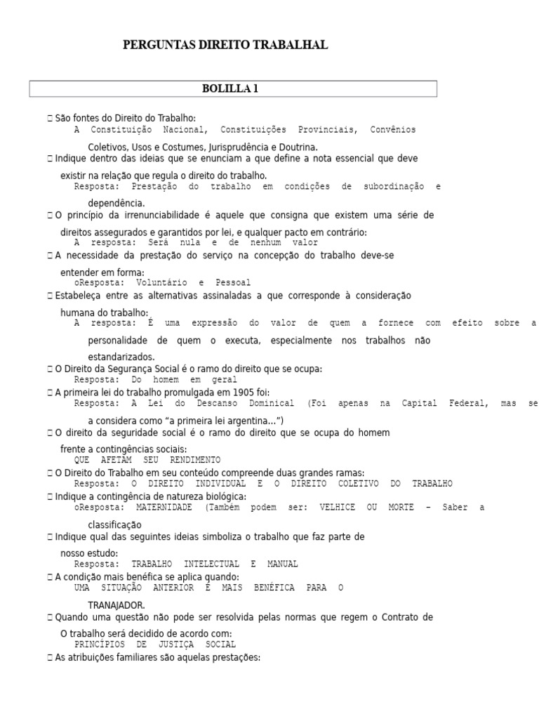 Questionário de Direito Do Trabalho | PDF | Sindicato | Lei Trabalhista