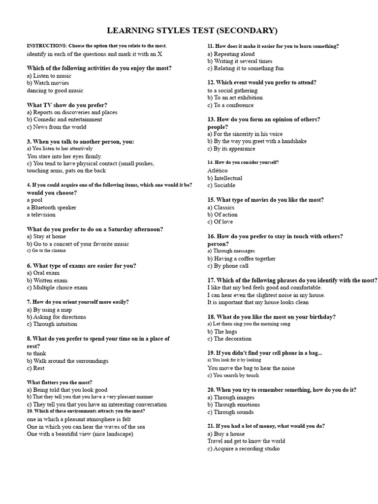 Secondary Learning Styles Assessment | PDF | Learning Styles | Cognition