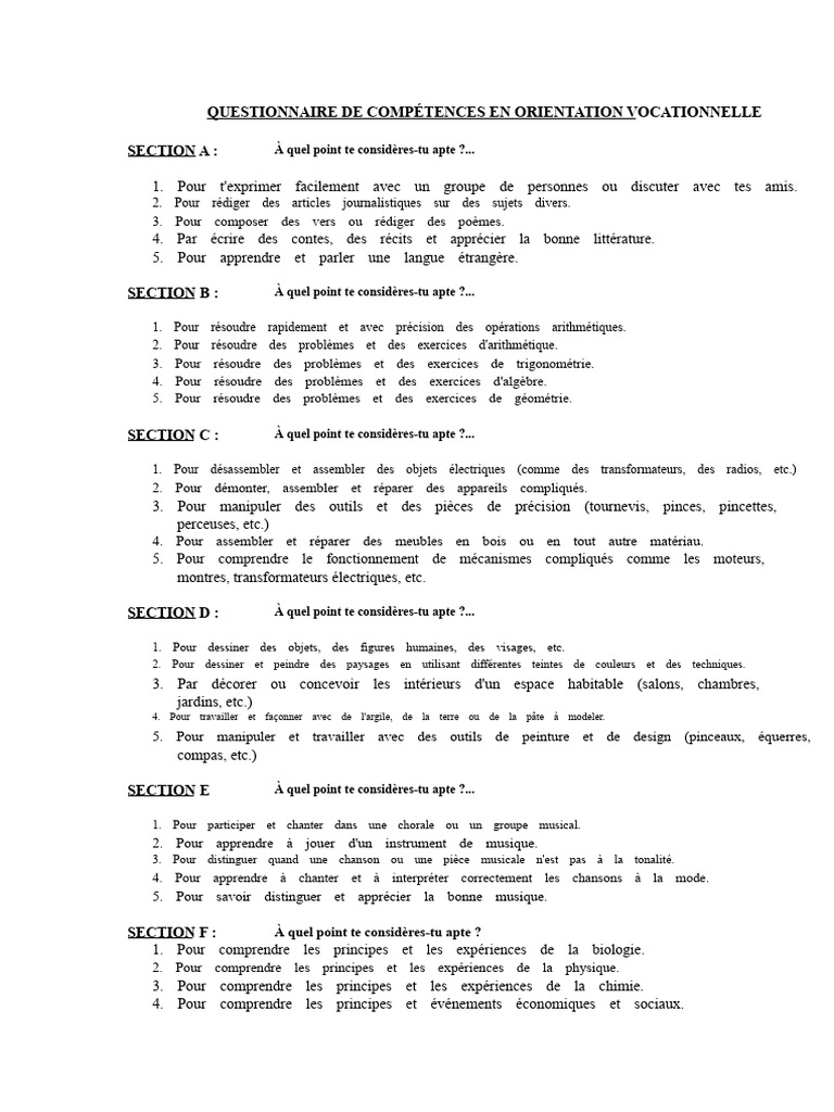 Questionnaire de Compétences Professionnelles | PDF