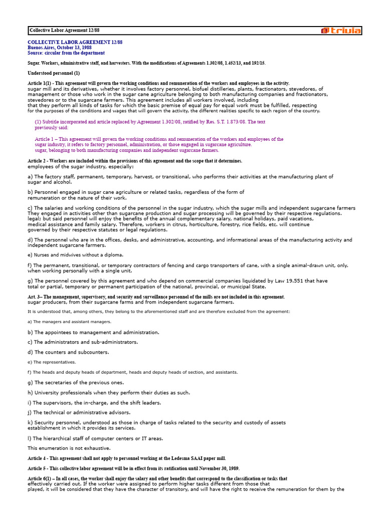 Collective Labor Agreement for Sugar Workers | PDF | Employment | Salary