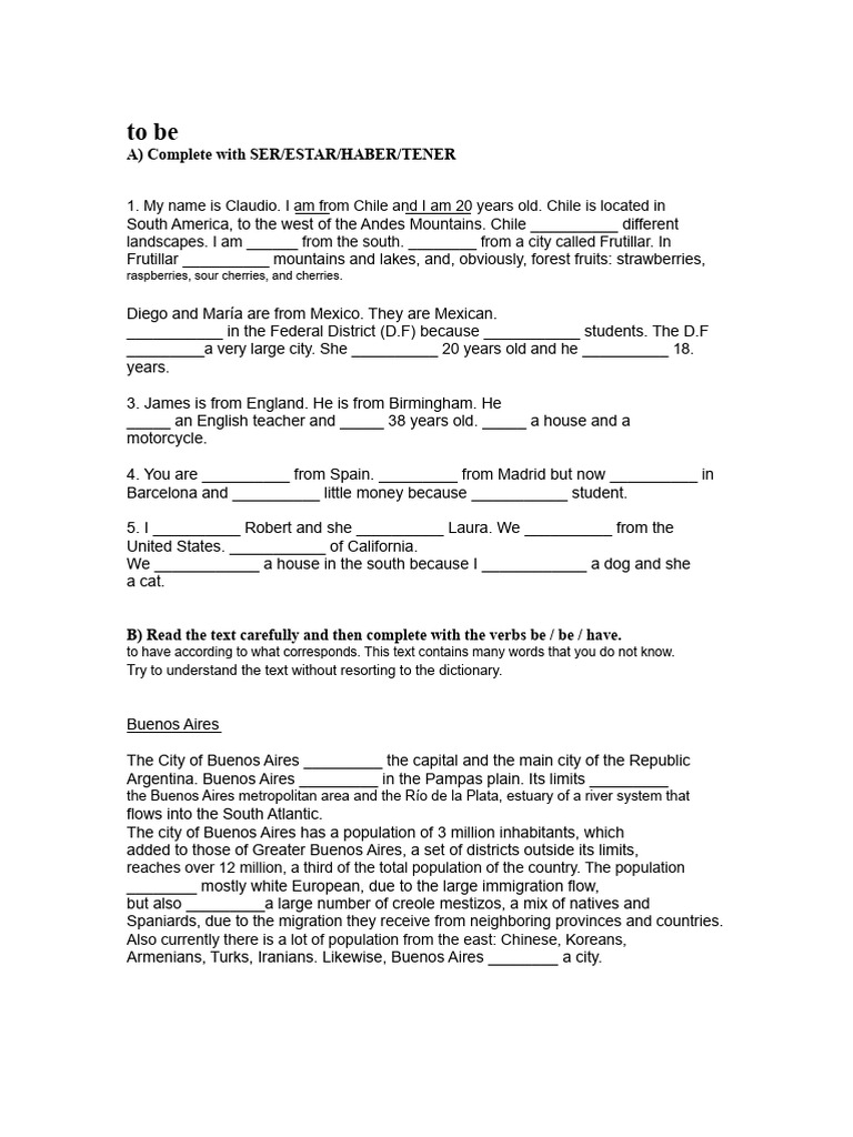 Exercises On The Verbs To Be (Estar, Ser), To Have (Haber, Tener) in ...