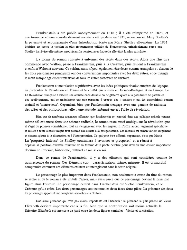 Analyse de Frankenstein (Un Roman de Mary Shelley) | PDF | Frankenstein ...