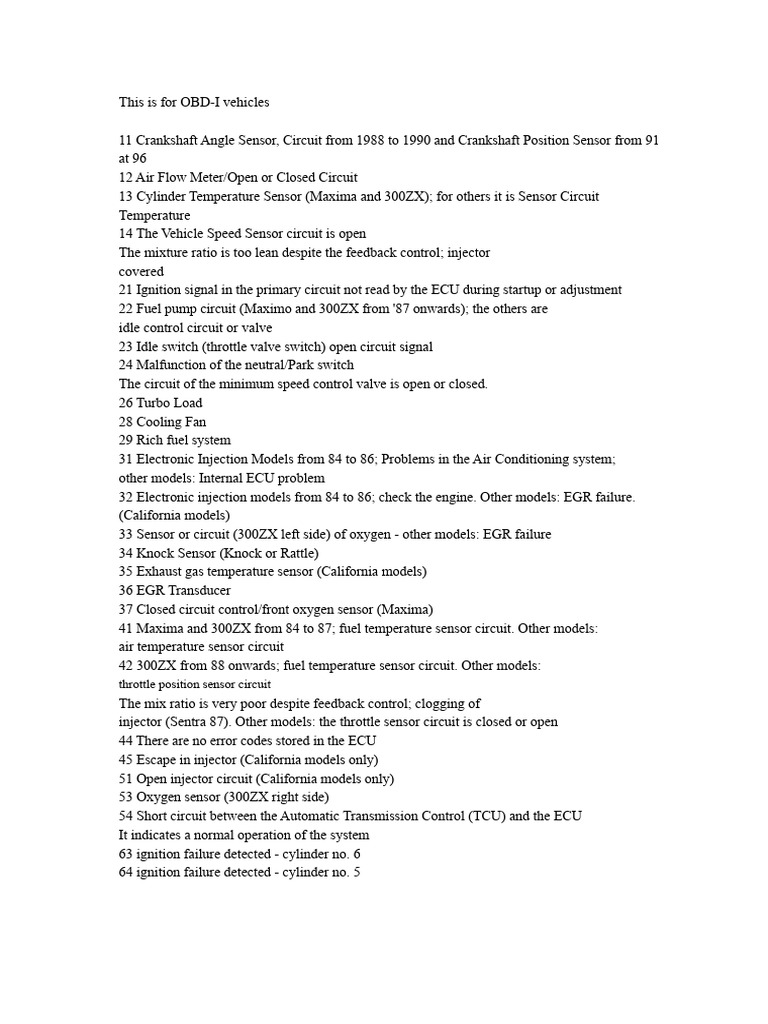 Nissan OBD-I & OBD-II Code List | PDF | Throttle | Fuel Injection