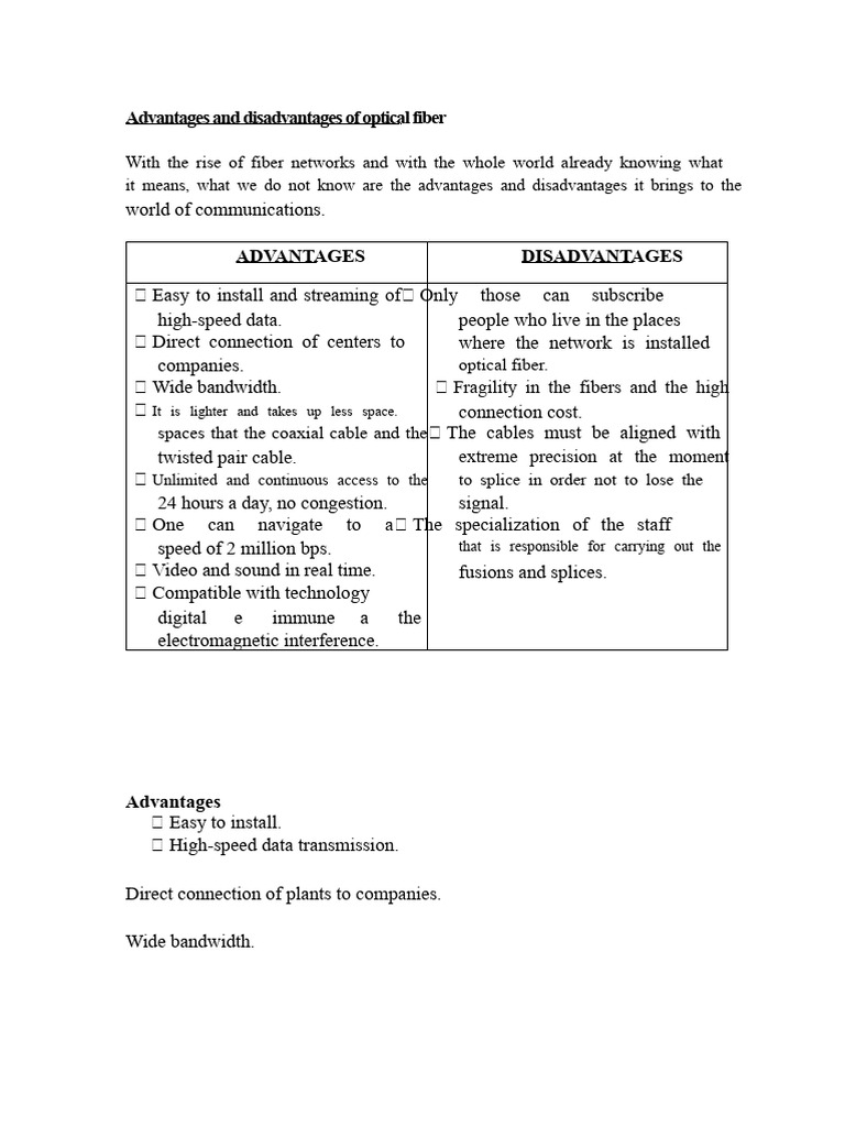 Advantages and disadvantages of fiber optic. | PDF | Optical Fiber ...