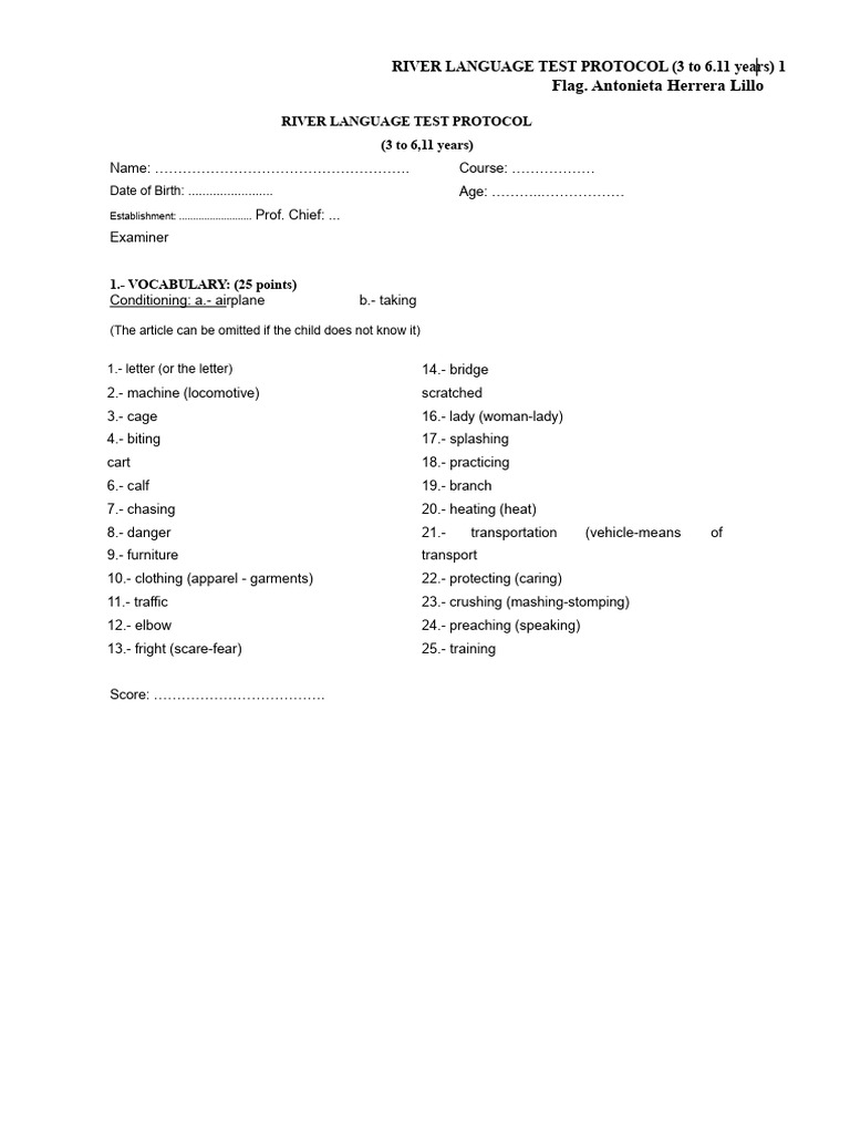 River Language Test for Ages 3-6.11 | PDF