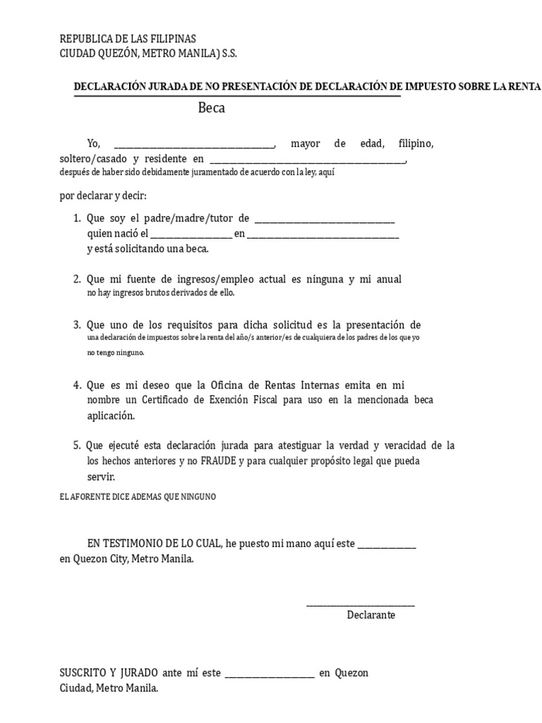 Declaración Jurada para Beca en Filipinas | PDF