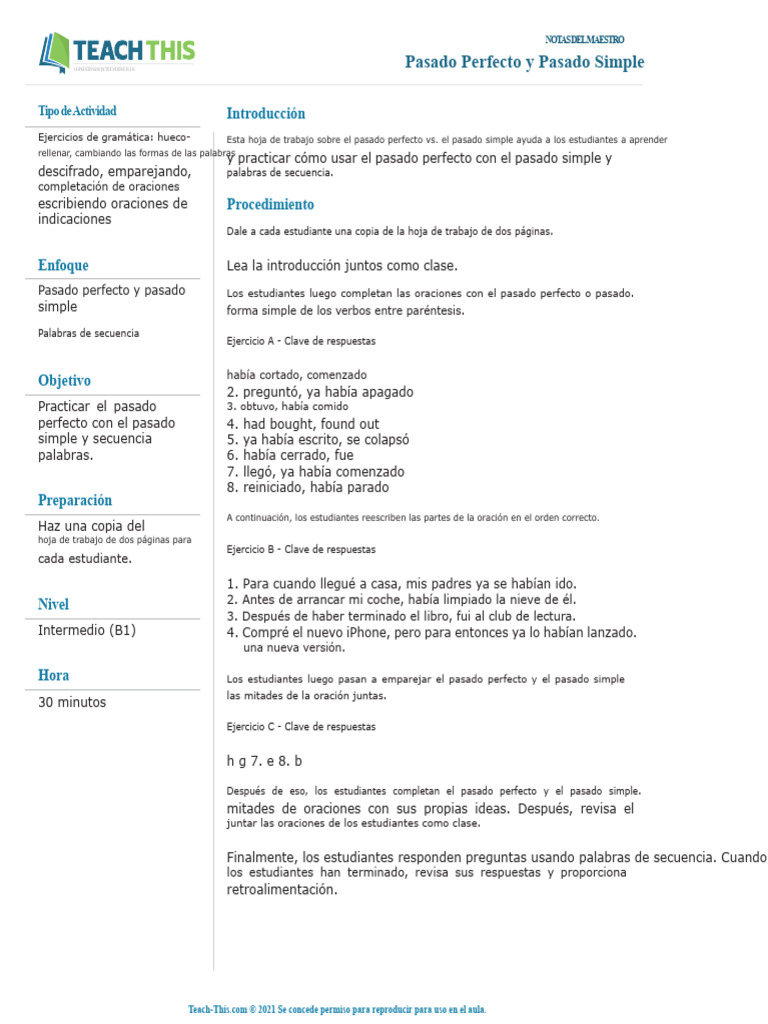 Ejercicios de Pasado Perfecto y Simple | PDF