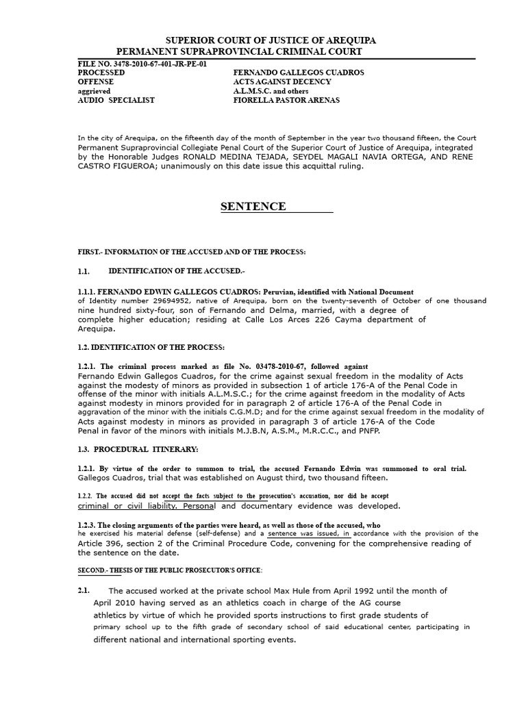 Arequipa Court Acquittal: Gallegos Case | PDF | Crimes | Crime & Violence