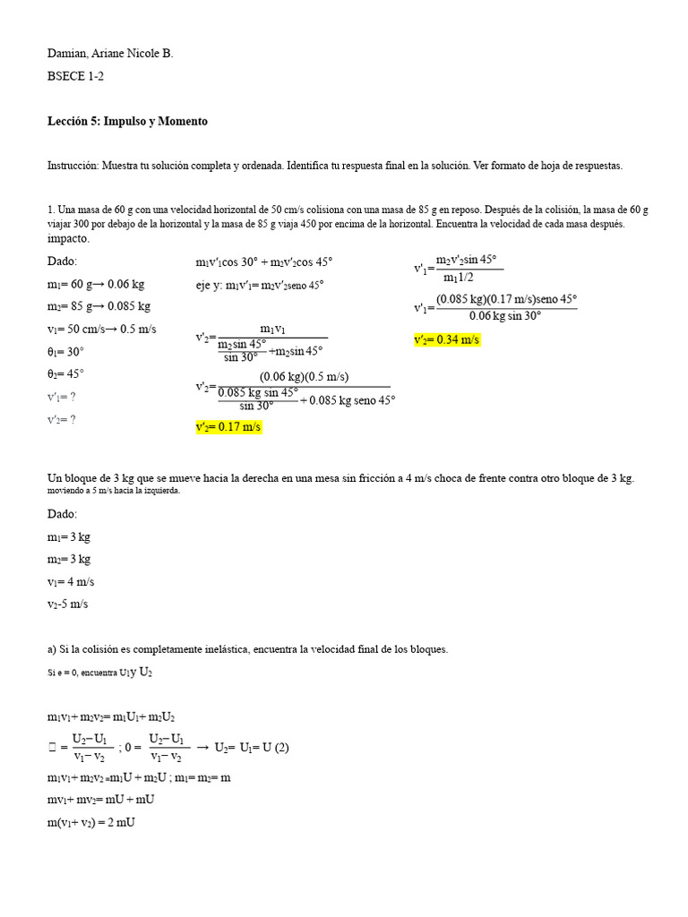 Cálculos de Impulso y Momento en Colisiones | PDF | Masa | Ingeniería ...