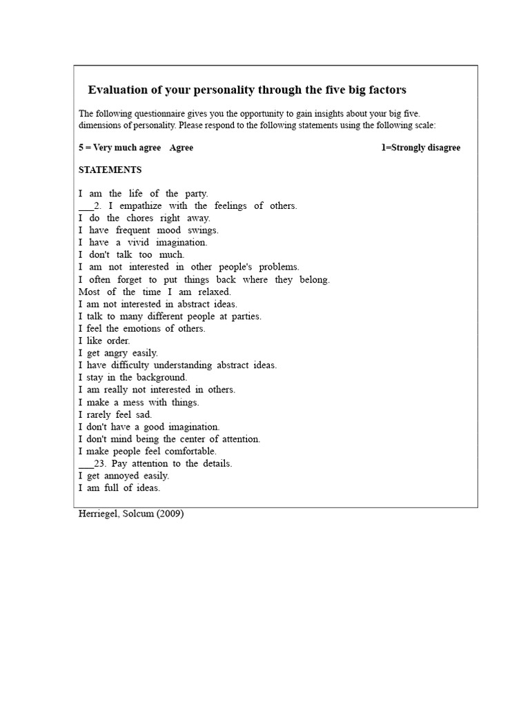 Big Five Personality Evaluation Quiz | PDF | Behavioural Sciences ...