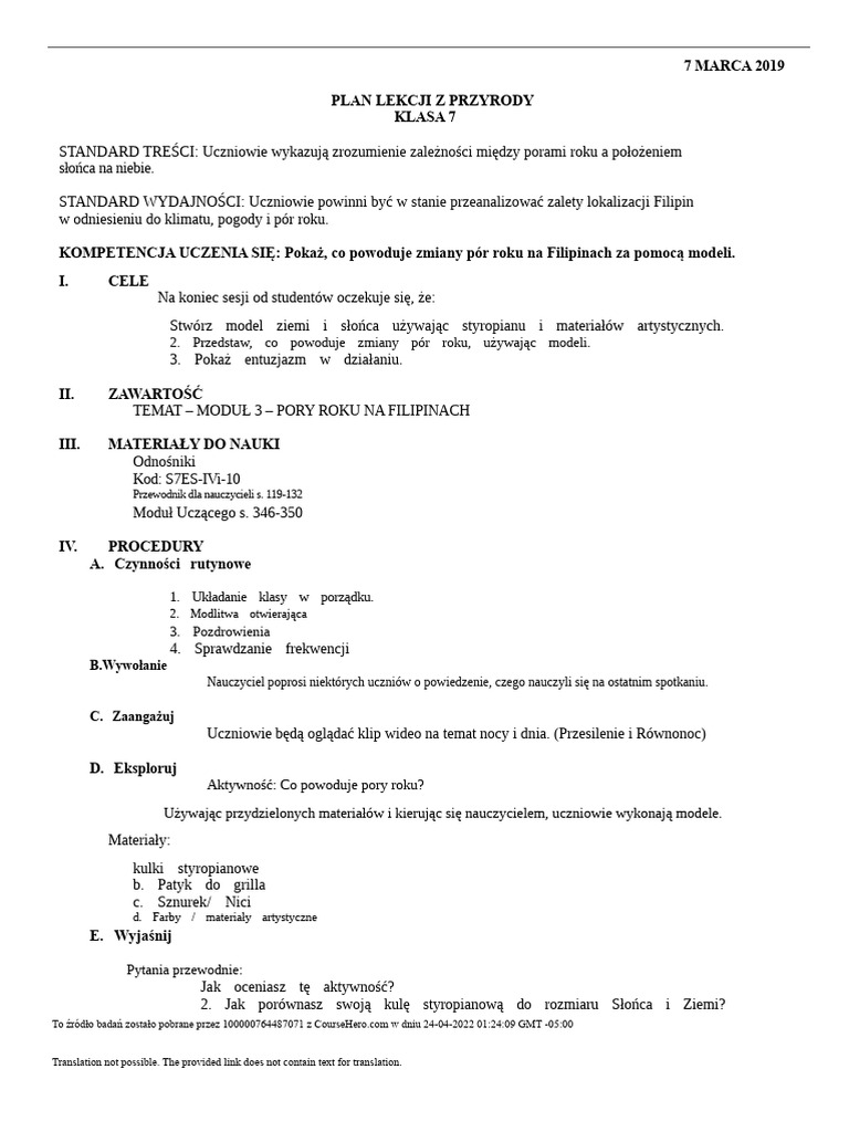 Plan Zajęć Pory Roku W Philippinach 3 | PDF