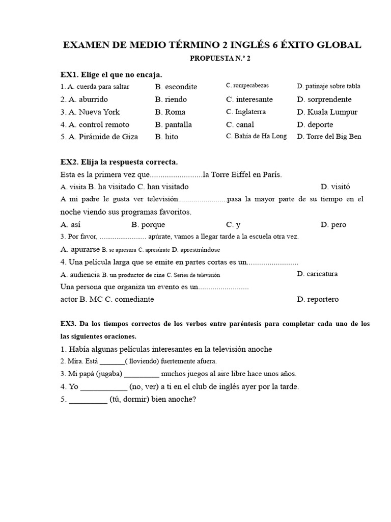 Examen Medio Término Inglés 6 | PDF