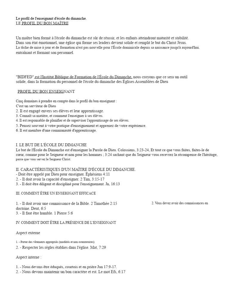 Profil et compétences de l'enseignant d'école du dimanche | PDF ...