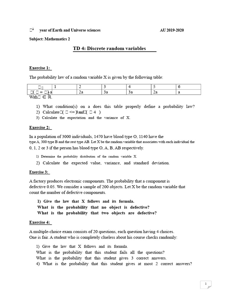 Discrete Random Variables TD | PDF | Probability Distribution | Random ...