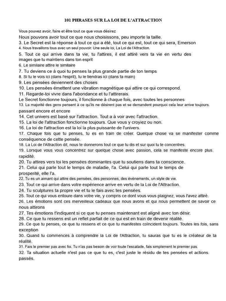 101 Phrases Clés sur la Loi de l'Attraction | PDF | Loi de l'attraction ...