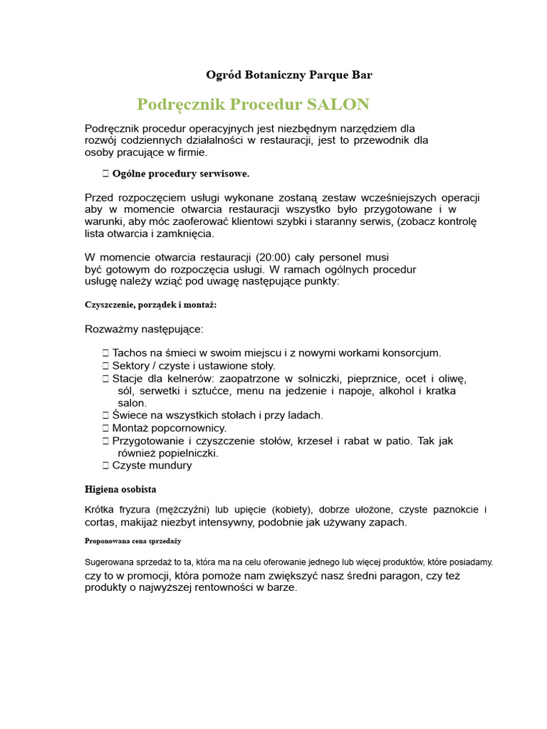 Podręcznik Procedur SALON | PDF