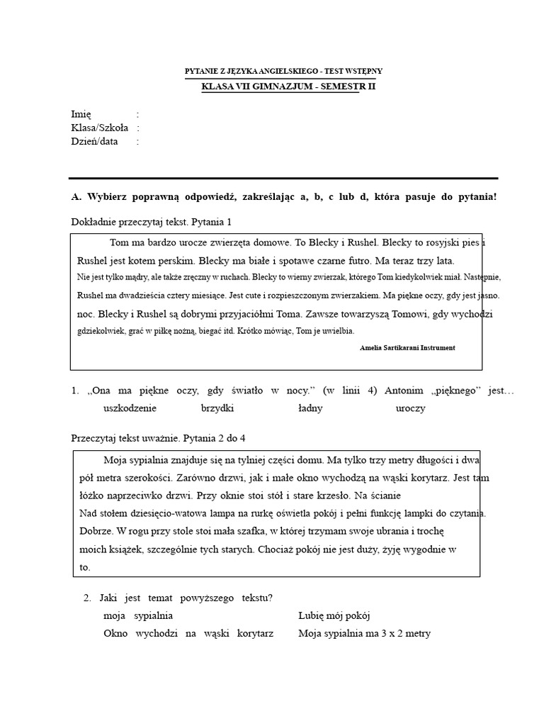 Test Wstępny Dla Klasy 7 | PDF