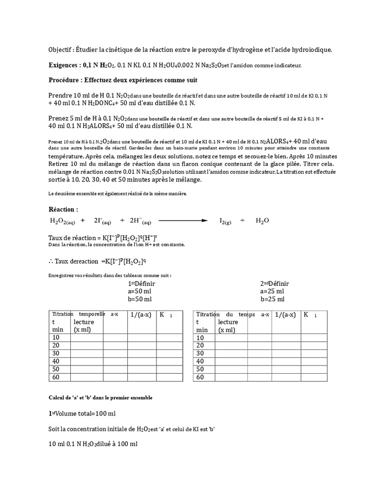 Cinétique de la réaction H2O2 et HI | PDF | Peroxyde d'hydrogène | Titrage