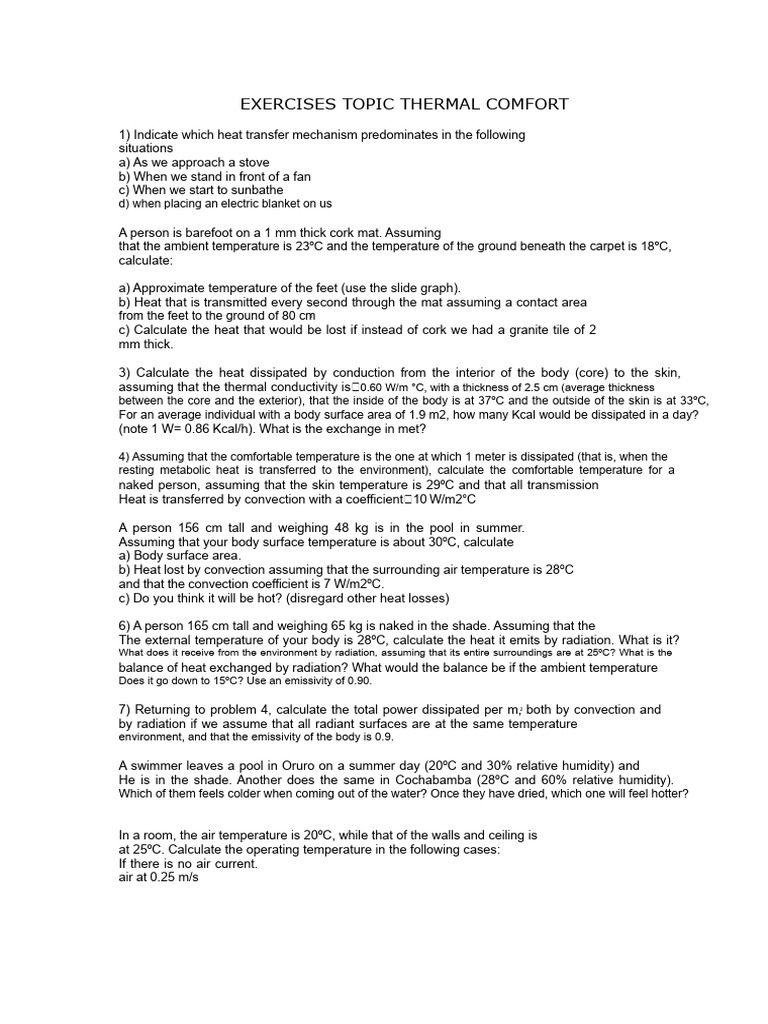 Thermal Comfort Exercises and Calculations | PDF | Heat Transfer | Heat