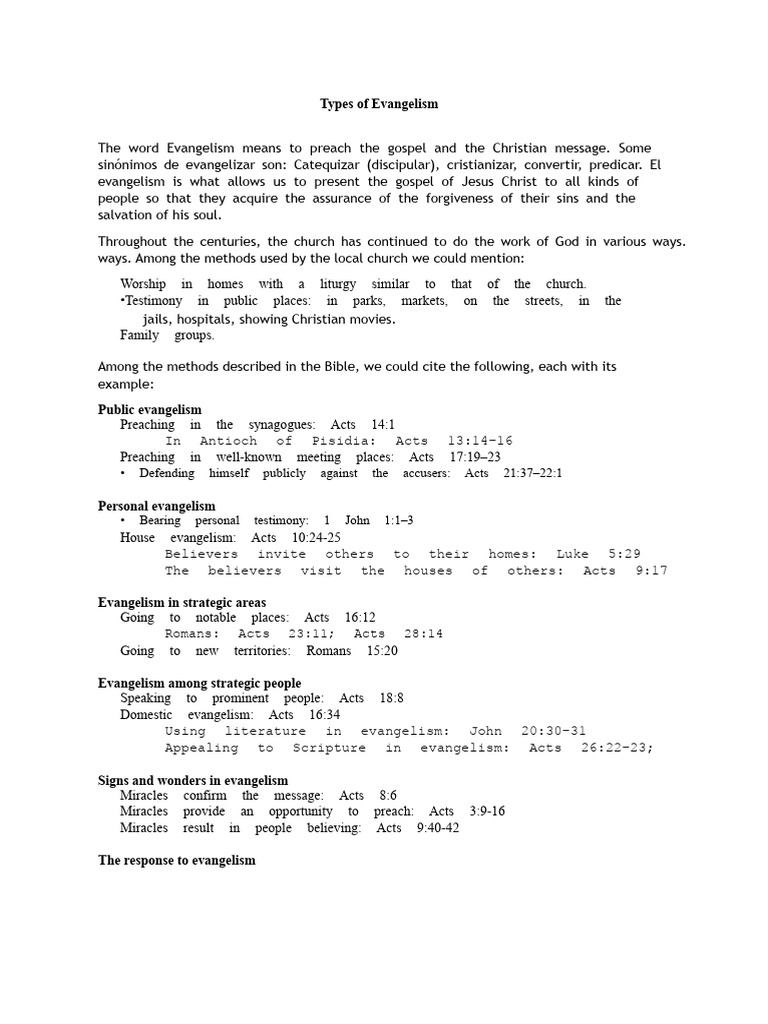 Types of Evangelism Explained | PDF | Acts Of The Apostles | Jesus