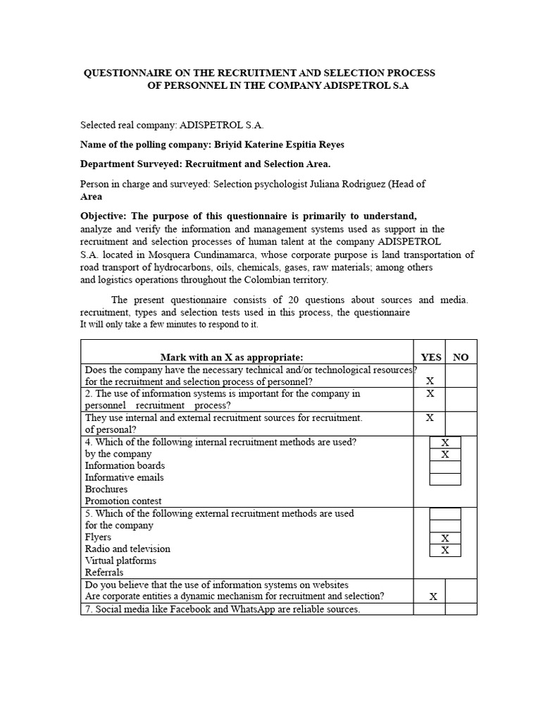 Questionnaire On The Recruitment and Selection Process of Personnel at ...
