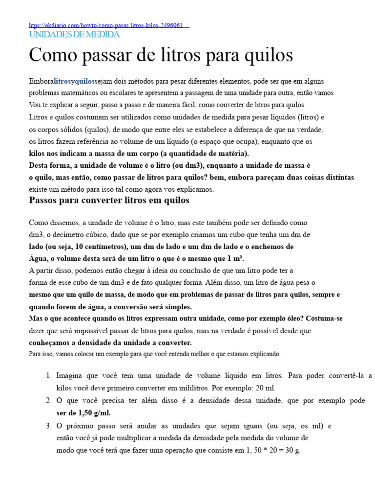 Conversão de Litros para Quilos | PDF | Quilograma | Densidade
