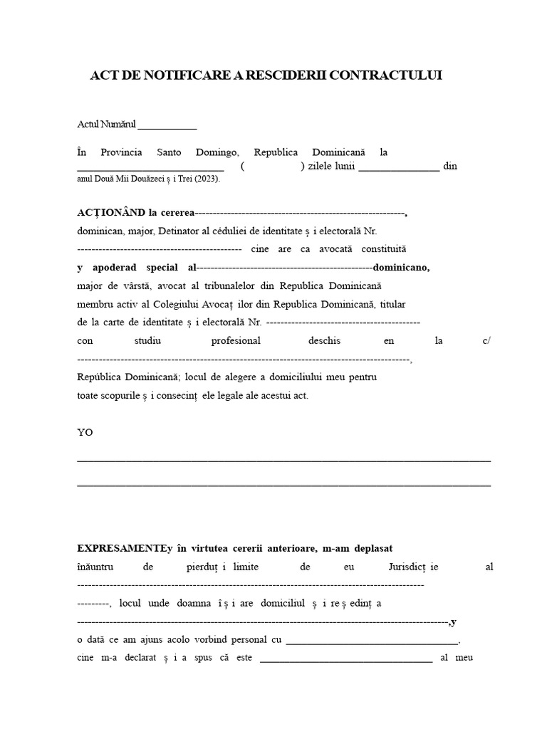 Actul de Notificare A Rezilierii Contractului de Închiriere - Model | PDF
