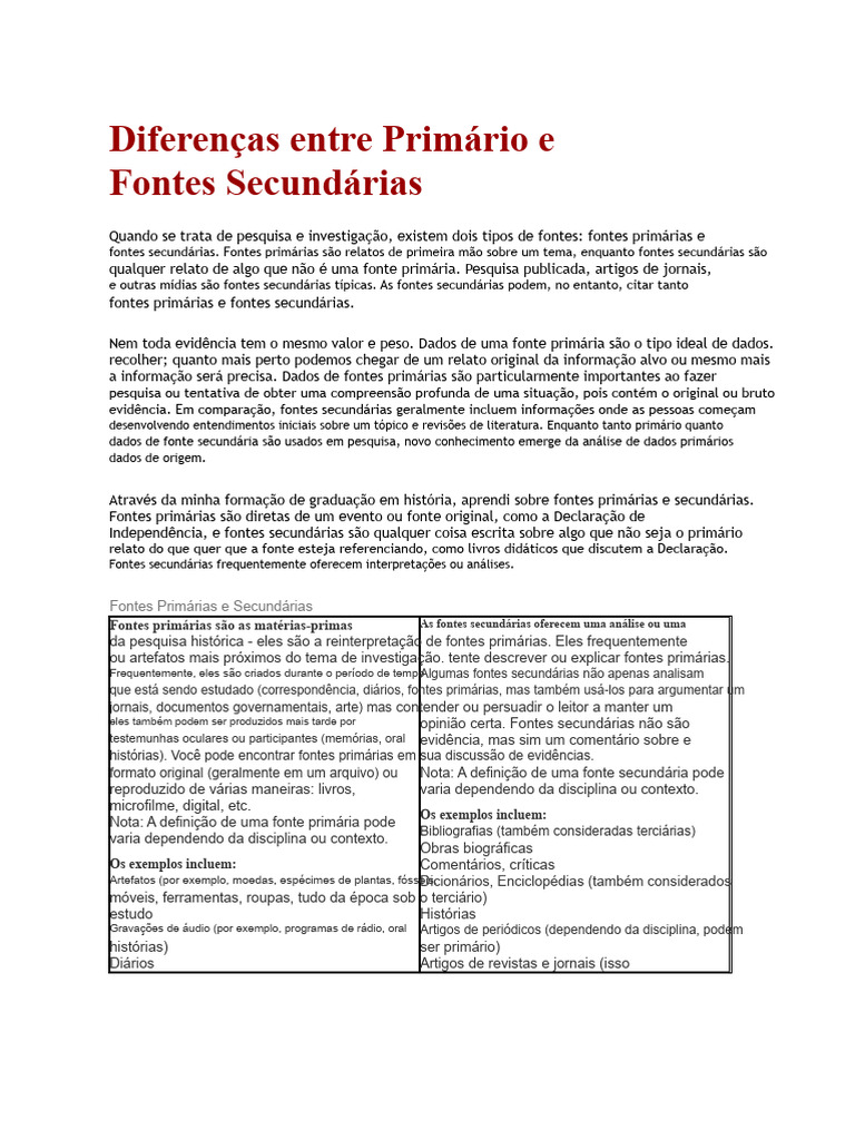 Diferenças entre Fontes Primárias e Secundárias | PDF | Fontes ...