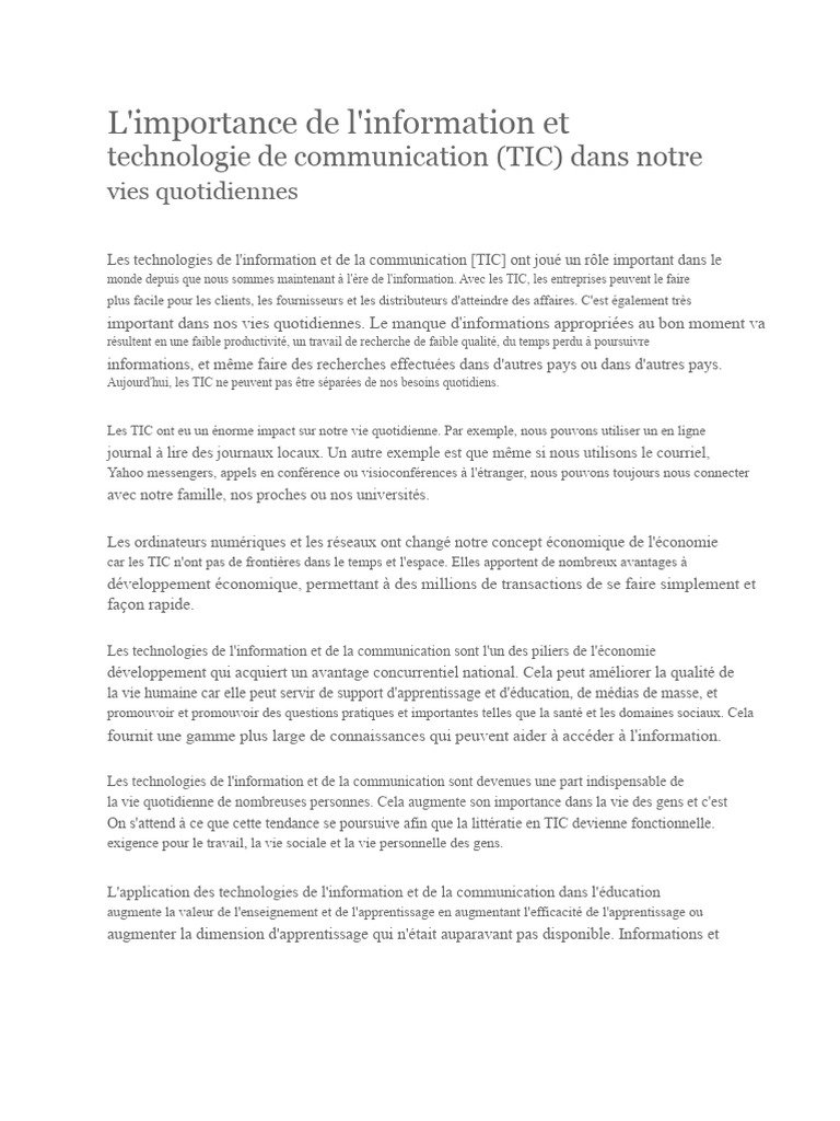 Importance des TIC dans la vie quotidienne | PDF | Technologies de l ...