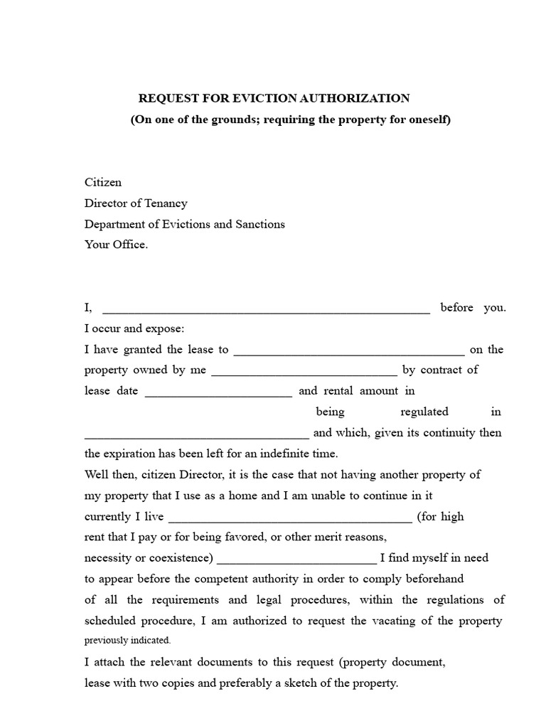 Request for Eviction Authorization (Regarding One of the Grounds) | PDF