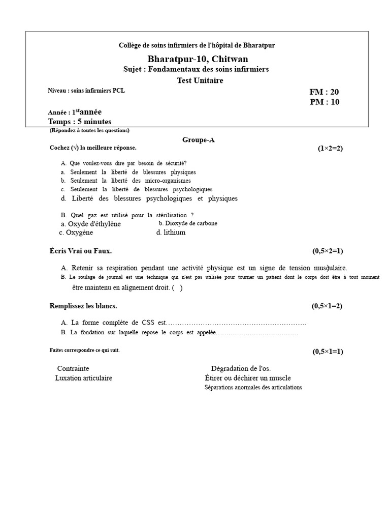 Test Unitaire en Soins Infirmiers PCL | PDF