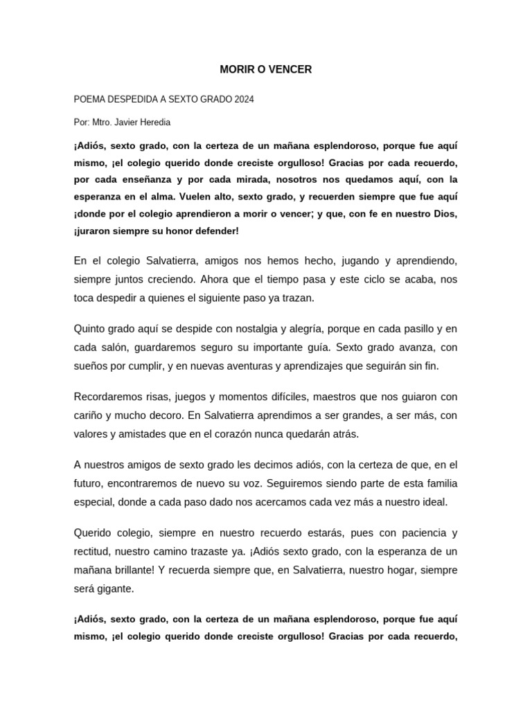 Poema de Despedida Sexto Grado 2024 | PDF