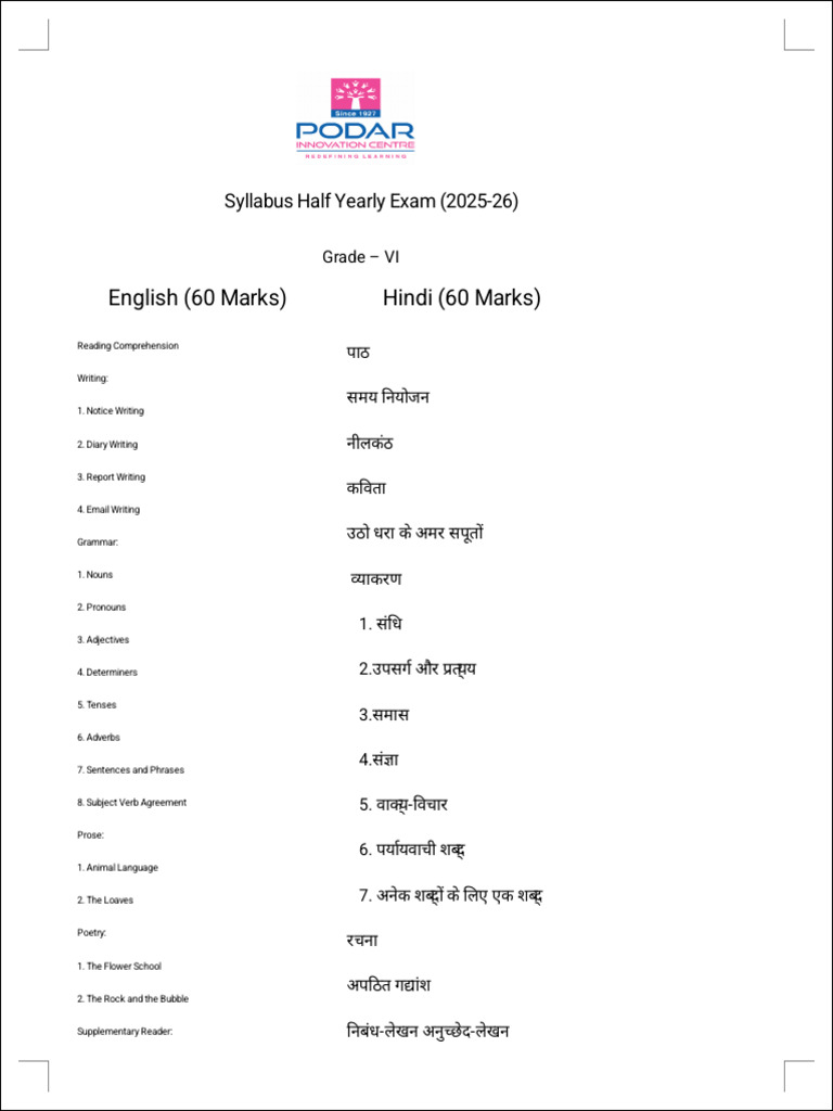 VI Grade Half Yearly Exam Syllabus | PDF | Linguistics | Syntax