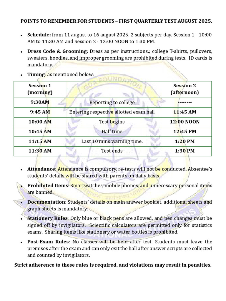 First Quarterly Test Guidelines 2025 | PDF