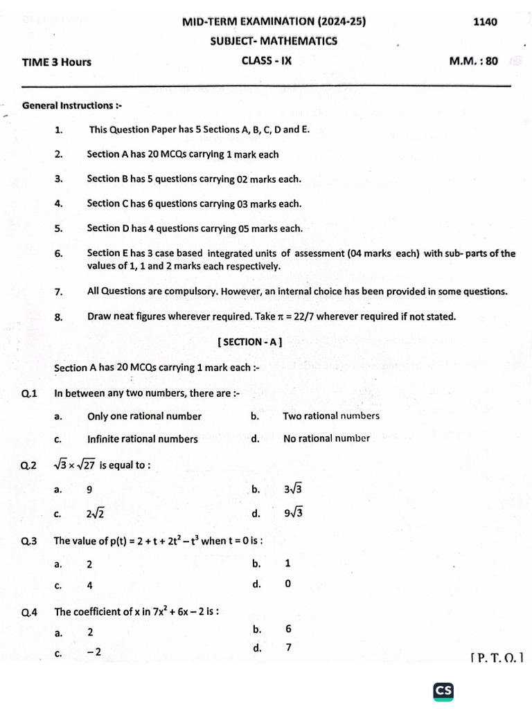 Class Ix Last Year Maths Mid Term Paper | PDF