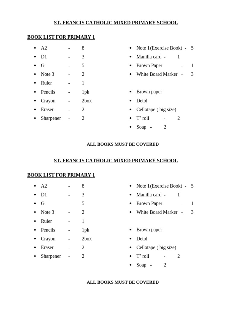 St. Francis Primary School Book List | PDF | Pencil | Graphite